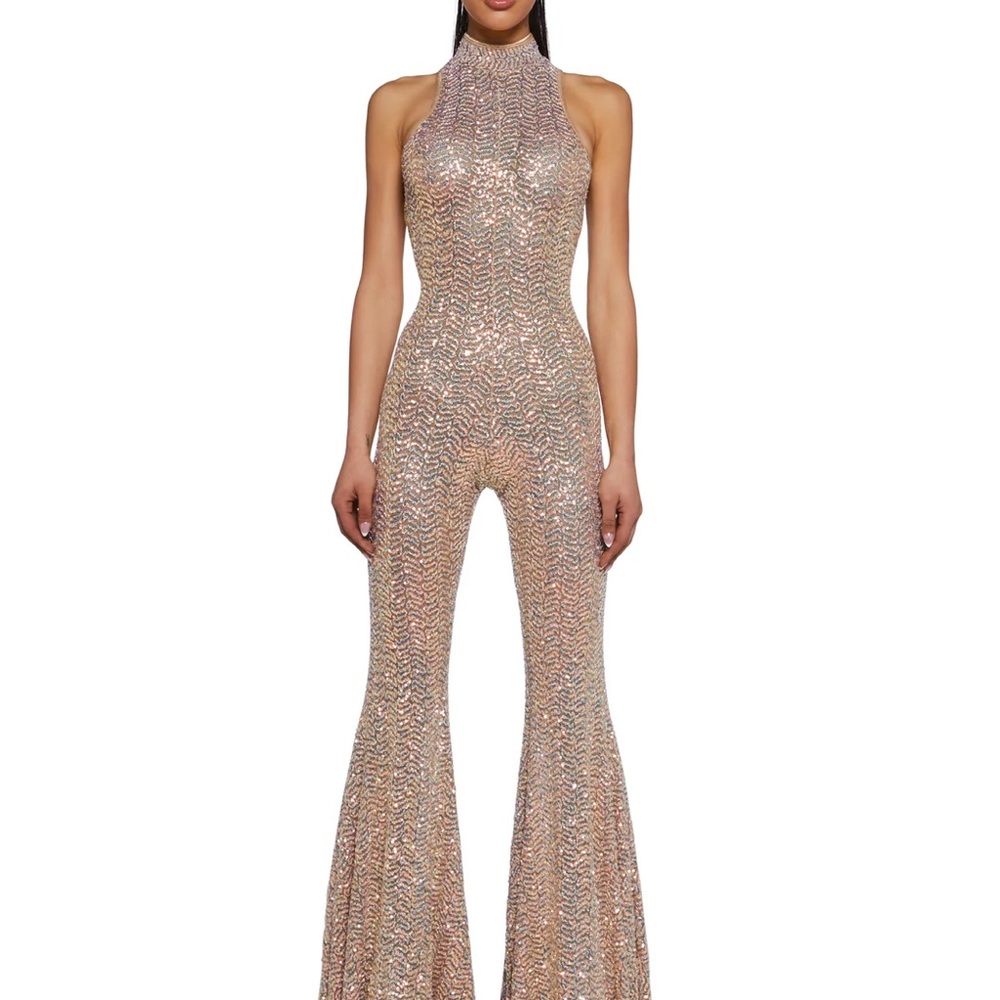 Gold Sequin Halter Jumpsuit with Flared Legs